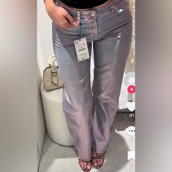 NWT ZARA MID WAIST FULL LENGTH TRF FOIL JEANS - Picture 1 of 13
